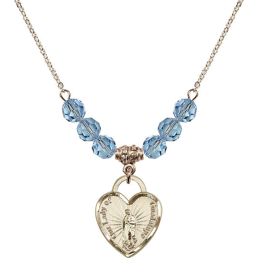14kt Gold Filled Our Lady of Guadalupe Heart / Recuerdo Birthstone Necklace with Aqua Beads - 3209