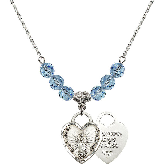 Sterling Silver Our Lady of Guadalupe Heart / Recuerdo Birthstone Necklace with Aqua Beads - 3209