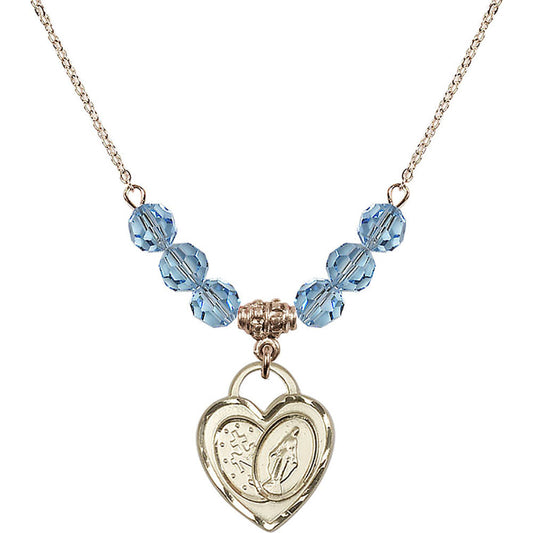 14kt Gold Filled Miraculous Heart Birthstone Necklace with Aqua Beads - 3212