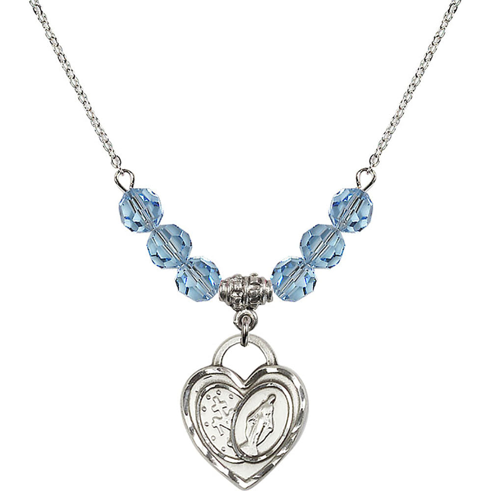 Sterling Silver Miraculous Heart Birthstone Necklace with Aqua Beads - 3212