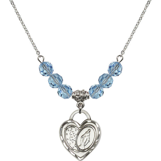 Sterling Silver Miraculous Heart Birthstone Necklace with Aqua Beads - 3212