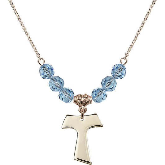 14kt Gold Filled Tau Cross Birthstone Necklace with Aqua Beads - 3948