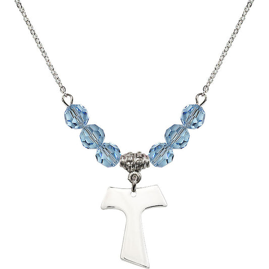 Sterling Silver Tau Cross Birthstone Necklace with Aqua Beads - 3948
