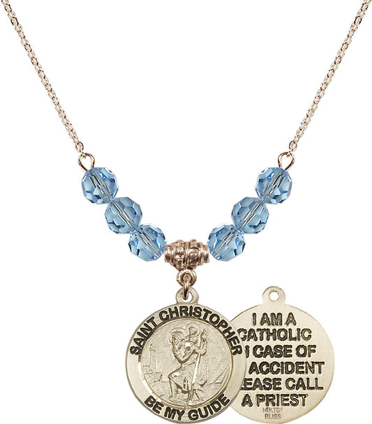 14kt Gold Filled Saint Christopher Birthstone Necklace with Aqua Beads - 4049
