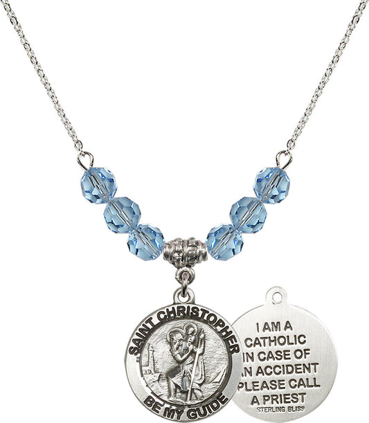 Sterling Silver Saint Christopher Birthstone Necklace with Aqua Beads - 4049