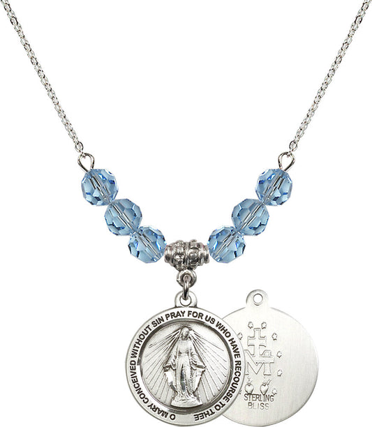 Sterling Silver Miraculous Birthstone Necklace with Aqua Beads - 4056