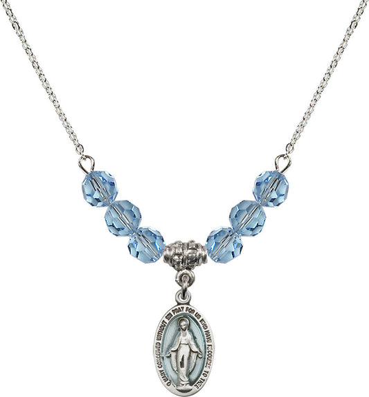 Sterling Silver Miraculous Birthstone Necklace with Aqua Beads - 4122