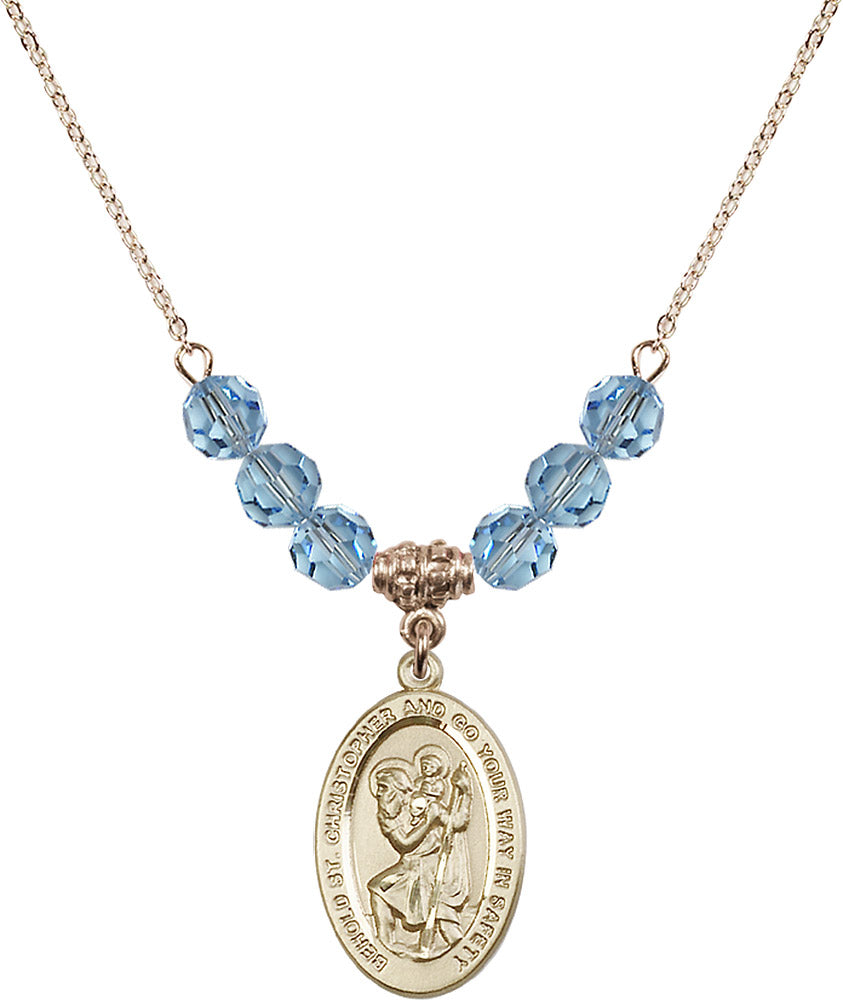 14kt Gold Filled Saint Christopher Birthstone Necklace with Aqua Beads - 4123