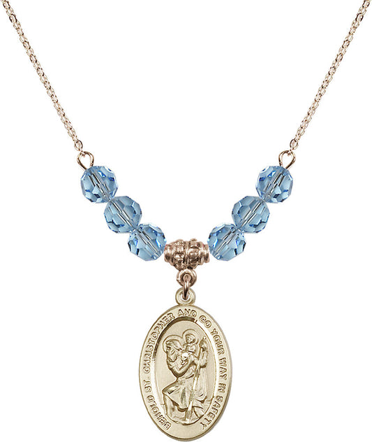 14kt Gold Filled Saint Christopher Birthstone Necklace with Aqua Beads - 4123
