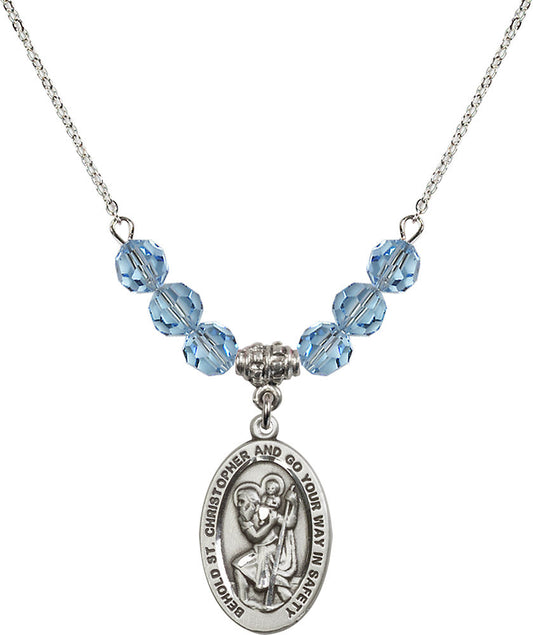 Sterling Silver Saint Christopher Birthstone Necklace with Aqua Beads - 4123