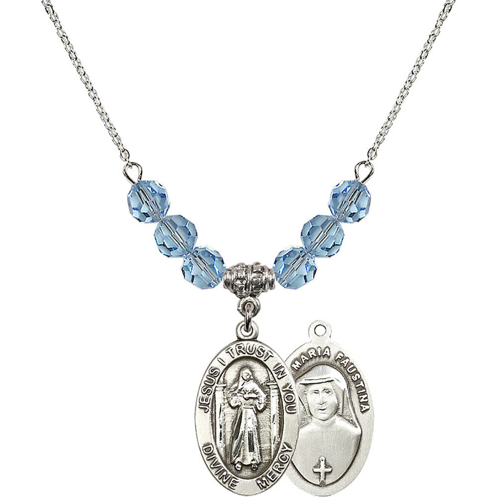 Sterling Silver Divine Mercy Birthstone Necklace with Aqua Beads - 4123