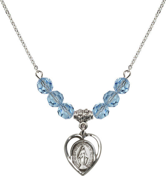 Sterling Silver Miraculous Birthstone Necklace with Aqua Beads - 4125