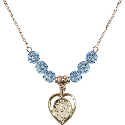14kt Gold Filled Scapular Birthstone Necklace with Aqua Beads - 4126