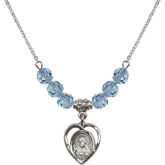 Sterling Silver Scapular Birthstone Necklace with Aqua Beads - 4126