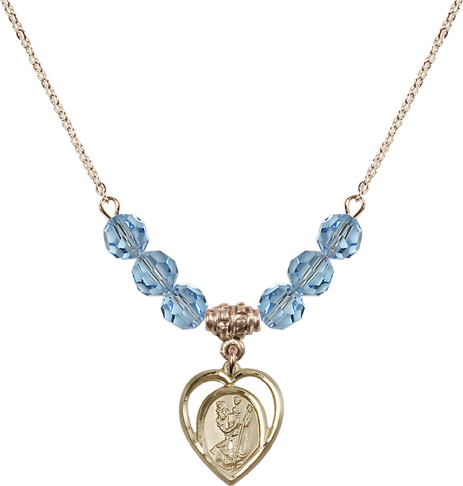 14kt Gold Filled Saint Christopher Birthstone Necklace with Aqua Beads - 4127