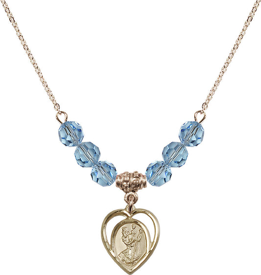 14kt Gold Filled Saint Christopher Birthstone Necklace with Aqua Beads - 4127