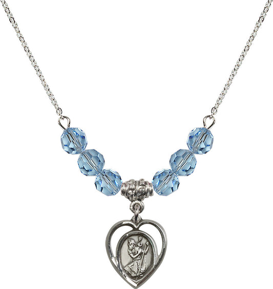 Sterling Silver Saint Christopher Birthstone Necklace with Aqua Beads - 4127