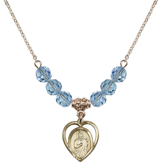14kt Gold Filled Saint Jude Birthstone Necklace with Aqua Beads - 4128