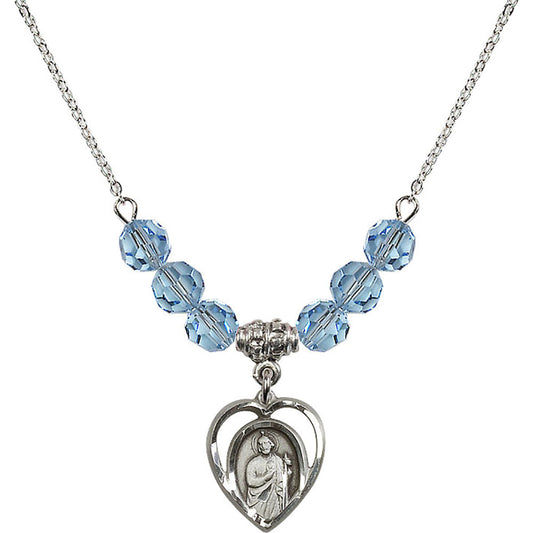 Sterling Silver Saint Jude Birthstone Necklace with Aqua Beads - 4128
