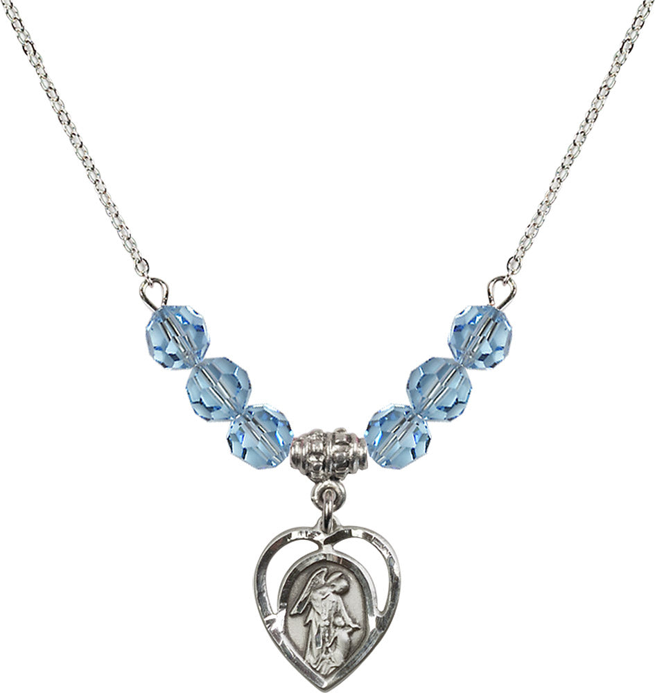 Sterling Silver Guardian Angel Birthstone Necklace with Aqua Beads - 4129