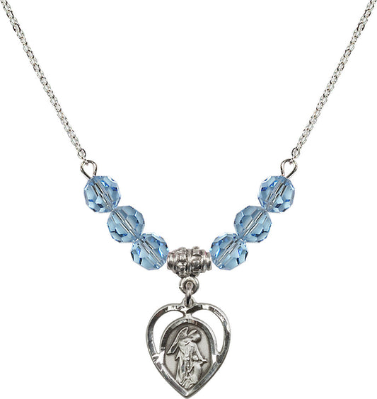 Sterling Silver Guardian Angel Birthstone Necklace with Aqua Beads - 4129