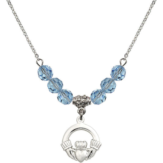 Sterling Silver Claddagh Birthstone Necklace with Aqua Beads - 4138