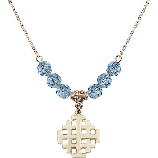 14kt Gold Filled Jerusalem Cross Birthstone Necklace with Aqua Beads - 4139