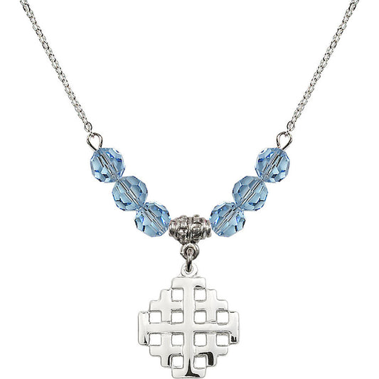 Sterling Silver Jerusalem Cross Birthstone Necklace with Aqua Beads - 4139