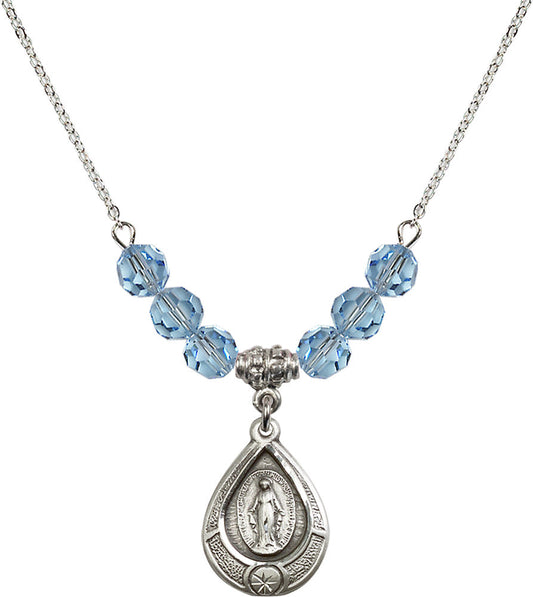 Sterling Silver Miraculous Birthstone Necklace with Aqua Beads - 4144