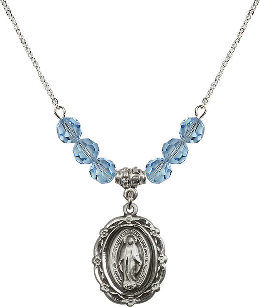 Sterling Silver Miraculous Birthstone Necklace with Aqua Beads - 4146