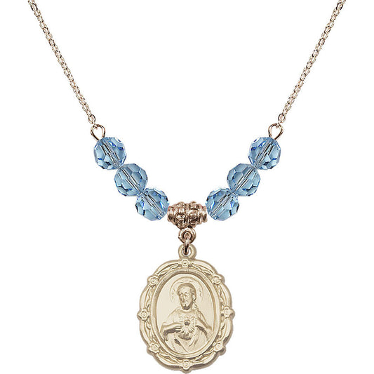 14kt Gold Filled Scapular Birthstone Necklace with Aqua Beads - 4146
