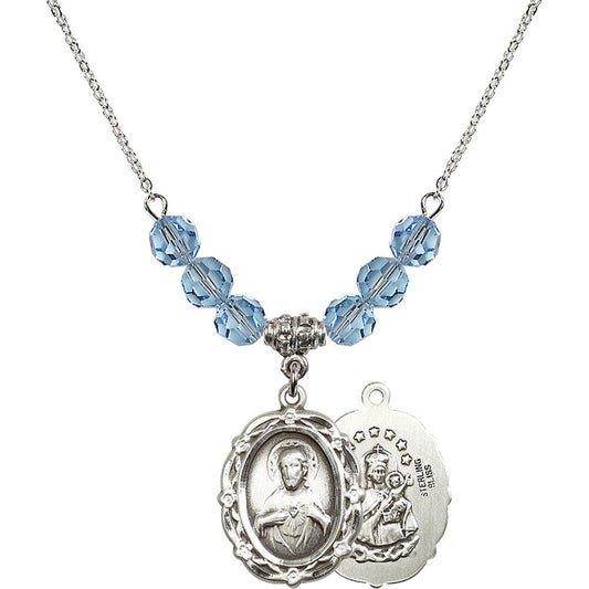 Sterling Silver Scapular Birthstone Necklace with Aqua Beads - 4146