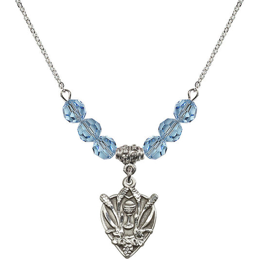 Sterling Silver Communion Birthstone Necklace with Aqua Beads - 4200