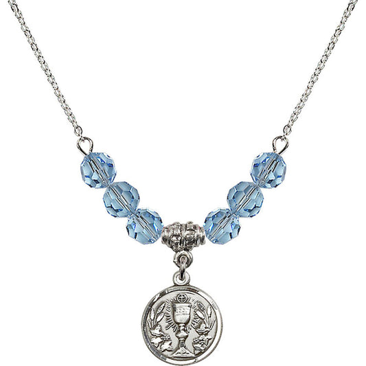 Sterling Silver Communion Chalice Birthstone Necklace with Aqua Beads - 4203