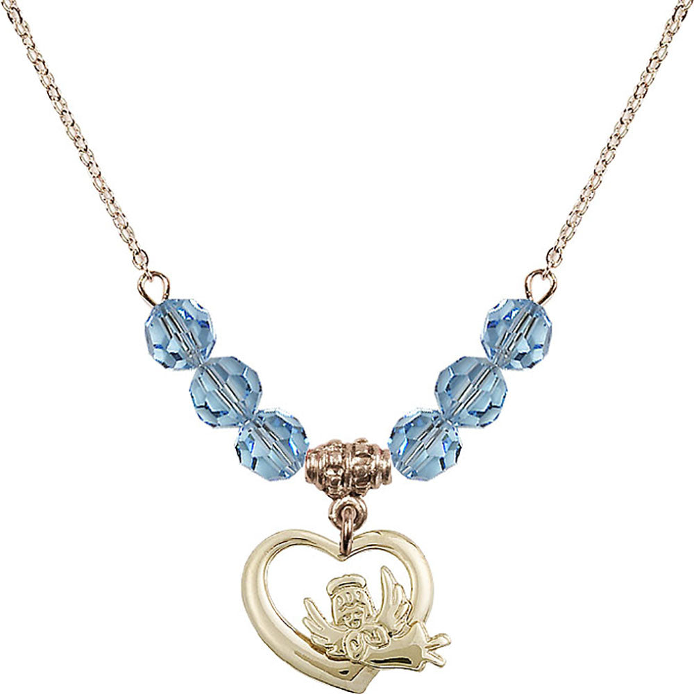 14kt Gold Filled Heart / Guardian Angel Birthstone Necklace with Aqua Beads - 4206