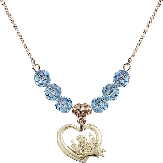 14kt Gold Filled Heart / Guardian Angel Birthstone Necklace with Aqua Beads - 4206