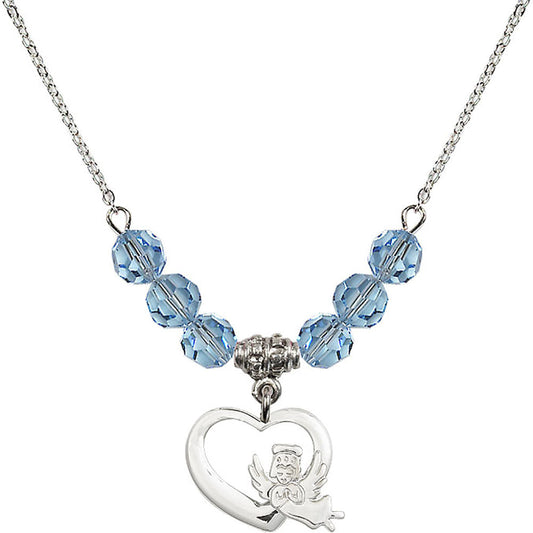 Sterling Silver Heart / Guardian Angel Birthstone Necklace with Aqua Beads - 4206