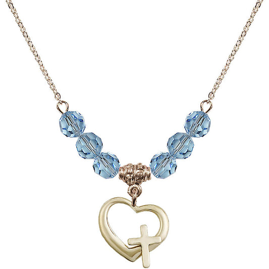 14kt Gold Filled Heart / Cross Birthstone Necklace with Aqua Beads - 4207