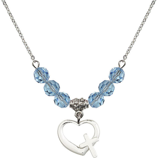 Sterling Silver Heart / Cross Birthstone Necklace with Aqua Beads - 4207