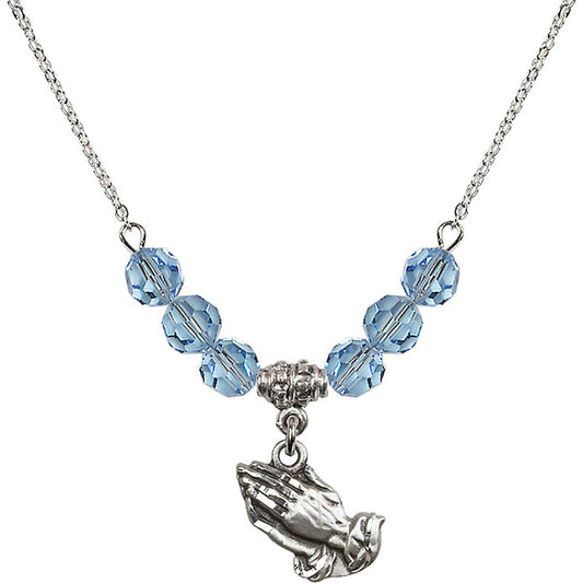 Sterling Silver Praying Hands Birthstone Necklace with Aqua Beads - 4219