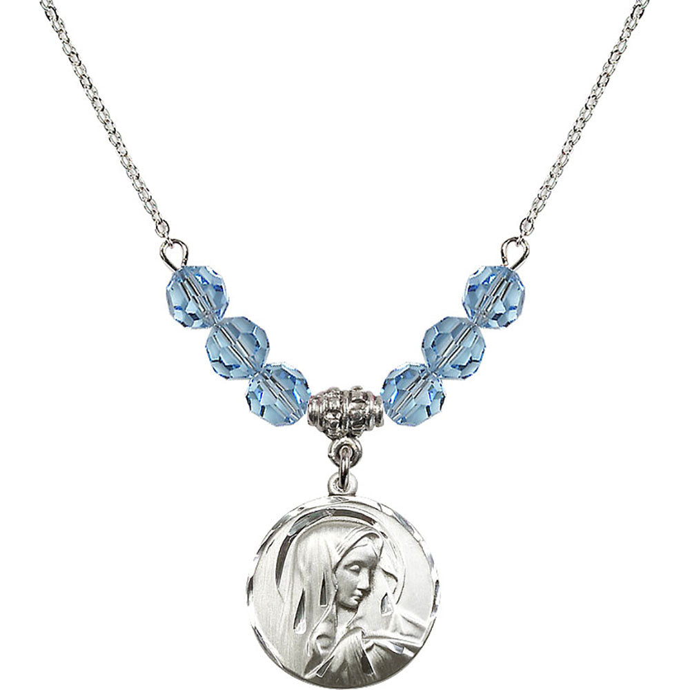Sterling Silver Sorrowful Mother Birthstone Necklace with Aqua Beads - 4249