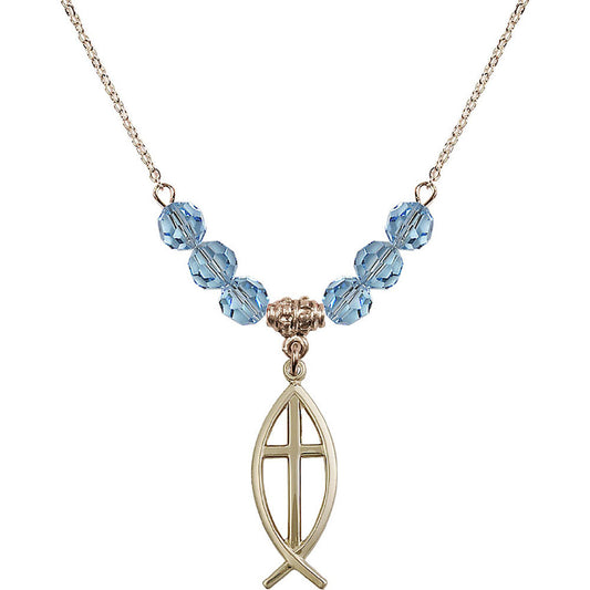 14kt Gold Filled Fish / Cross Birthstone Necklace with Aqua Beads - 4252