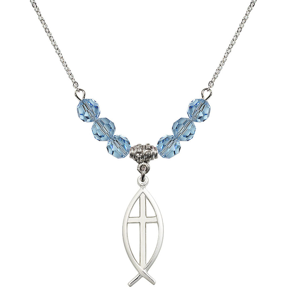 Sterling Silver Fish / Cross Birthstone Necklace with Aqua Beads - 4252