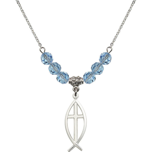 Sterling Silver Fish / Cross Birthstone Necklace with Aqua Beads - 4252