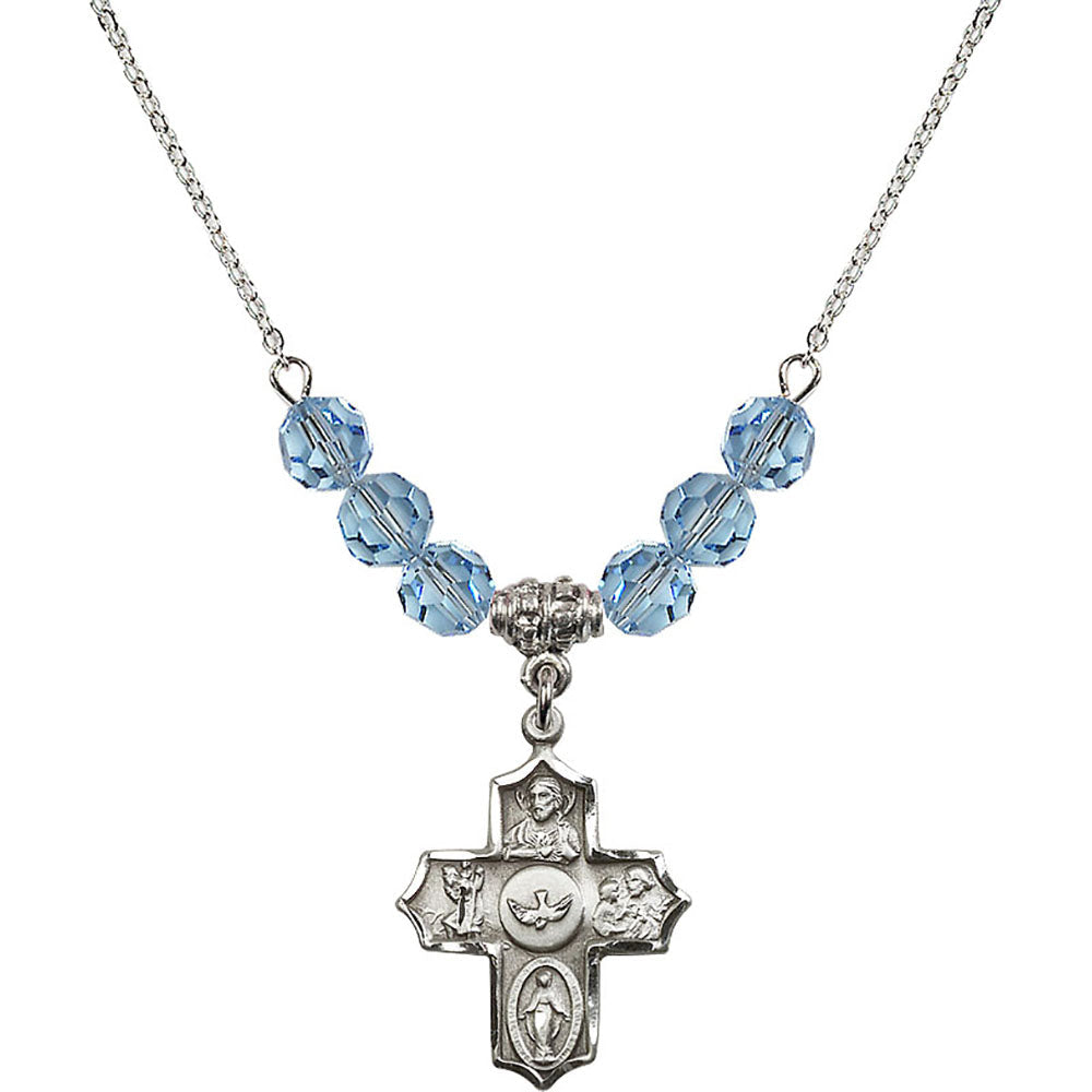 Sterling Silver 5-Way Birthstone Necklace with Aqua Beads - 4255