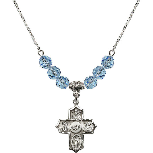 Sterling Silver 5-Way Birthstone Necklace with Aqua Beads - 4255
