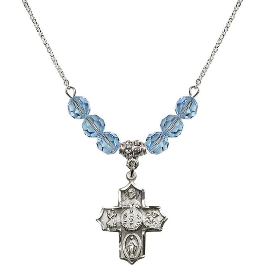 Sterling Silver 4-Way Birthstone Necklace with Aqua Beads - 4256