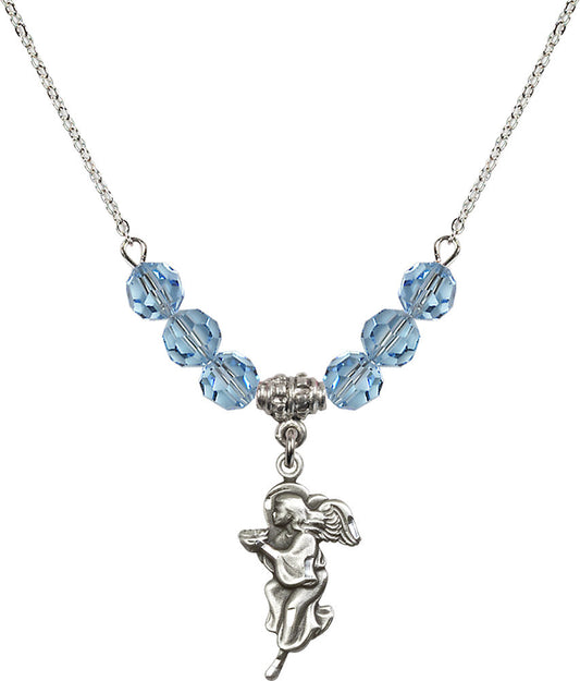 Sterling Silver Guardian Angel Birthstone Necklace with Aqua Beads - 4260