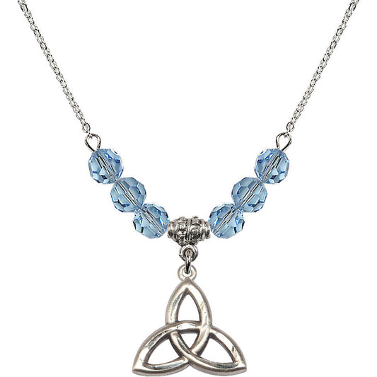 Sterling Silver Trinity Irish Knot Birthstone Necklace with Aqua Beads - 5101
