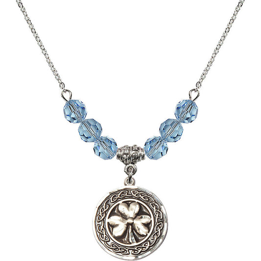 Sterling Silver Shamrock w/ Celtic Border Birthstone Necklace with Aqua Beads - 5106